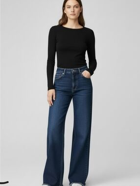 Mango Wide Leg Flare Jeans - Dark Blue Denim